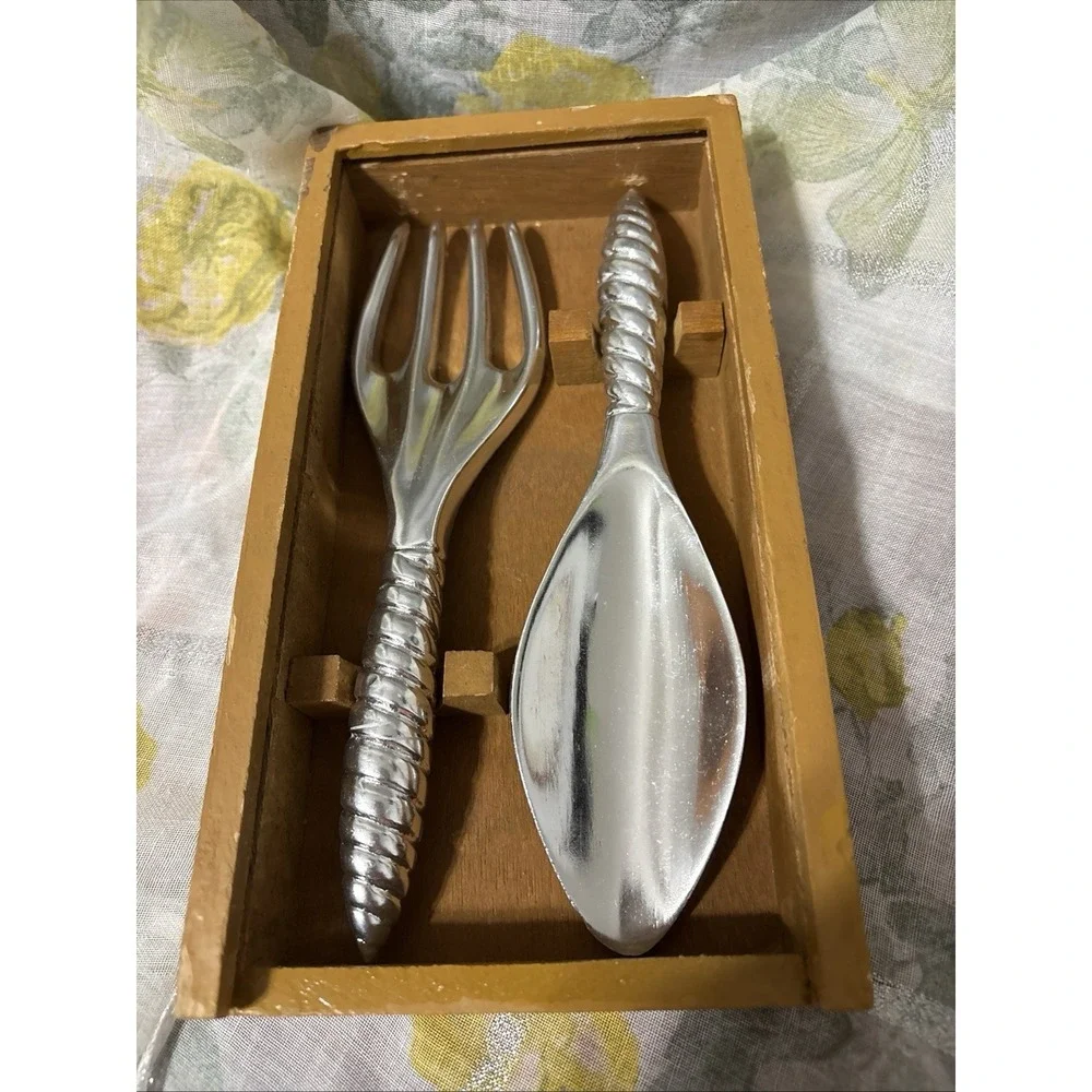 Silver Polished Twist Handle Serving Spoon & Fork Set, 12in Floral Wood Box